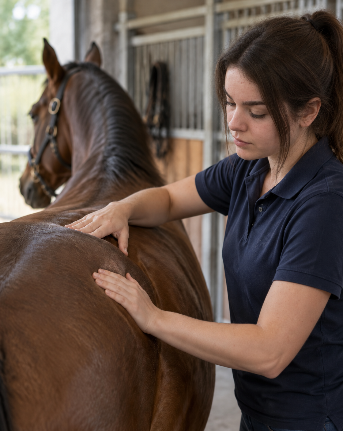 Katie Salmon assessing the back muscles of a bay horse in a stable