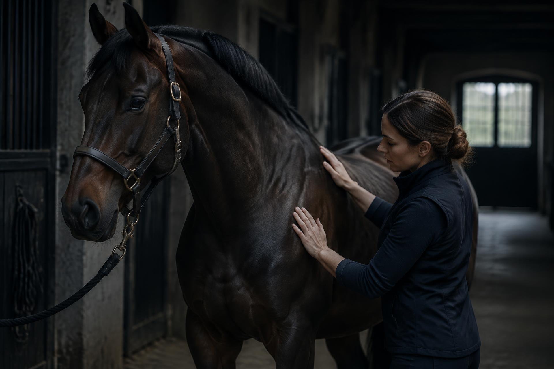 Equine therapist resting her hands on the shoulder of a bay horse in a stable